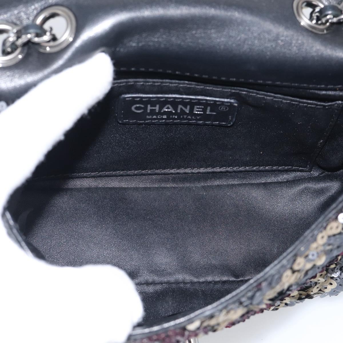 CHANEL Chain Shoulder Bag Leather Sequins Gray Silver CC Auth 210383SM