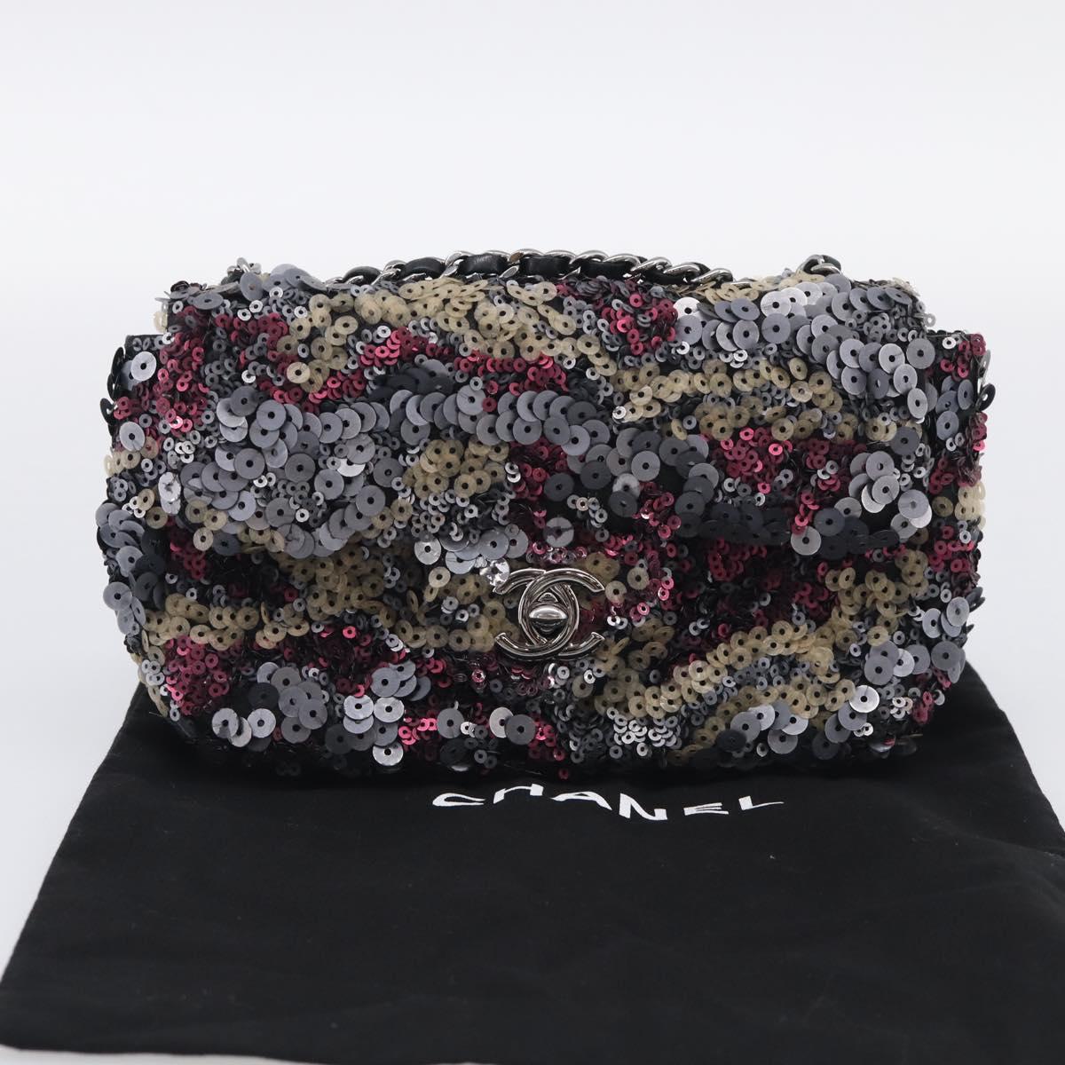 CHANEL Chain Shoulder Bag Leather Sequins Gray Silver CC Auth 210383SM