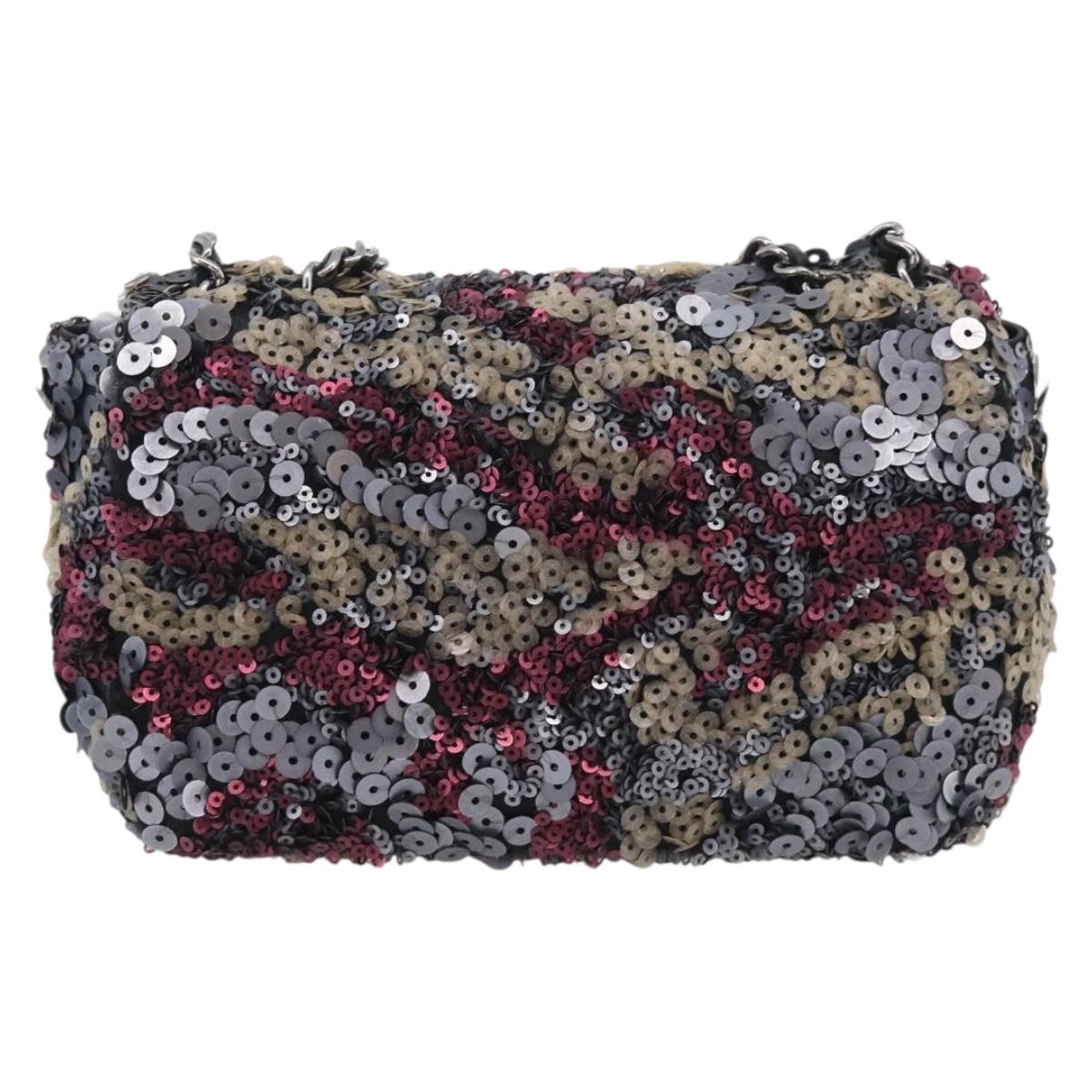 CHANEL Chain Shoulder Bag Leather Sequins Gray Silver CC Auth 210383SM
