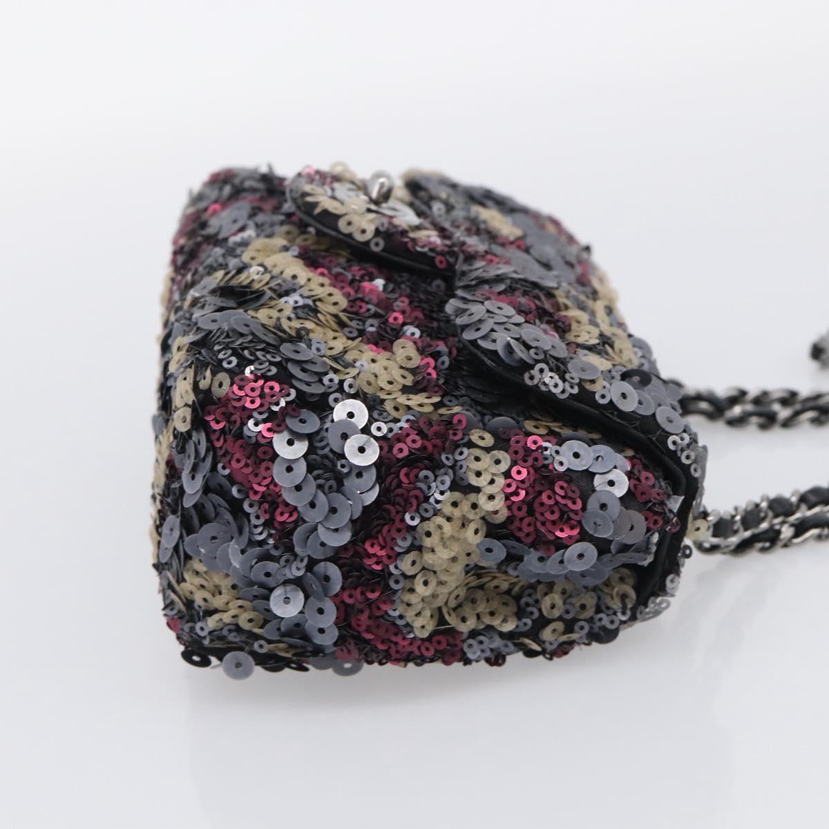 CHANEL Chain Shoulder Bag Leather Sequins Gray Silver CC Auth 210383SM