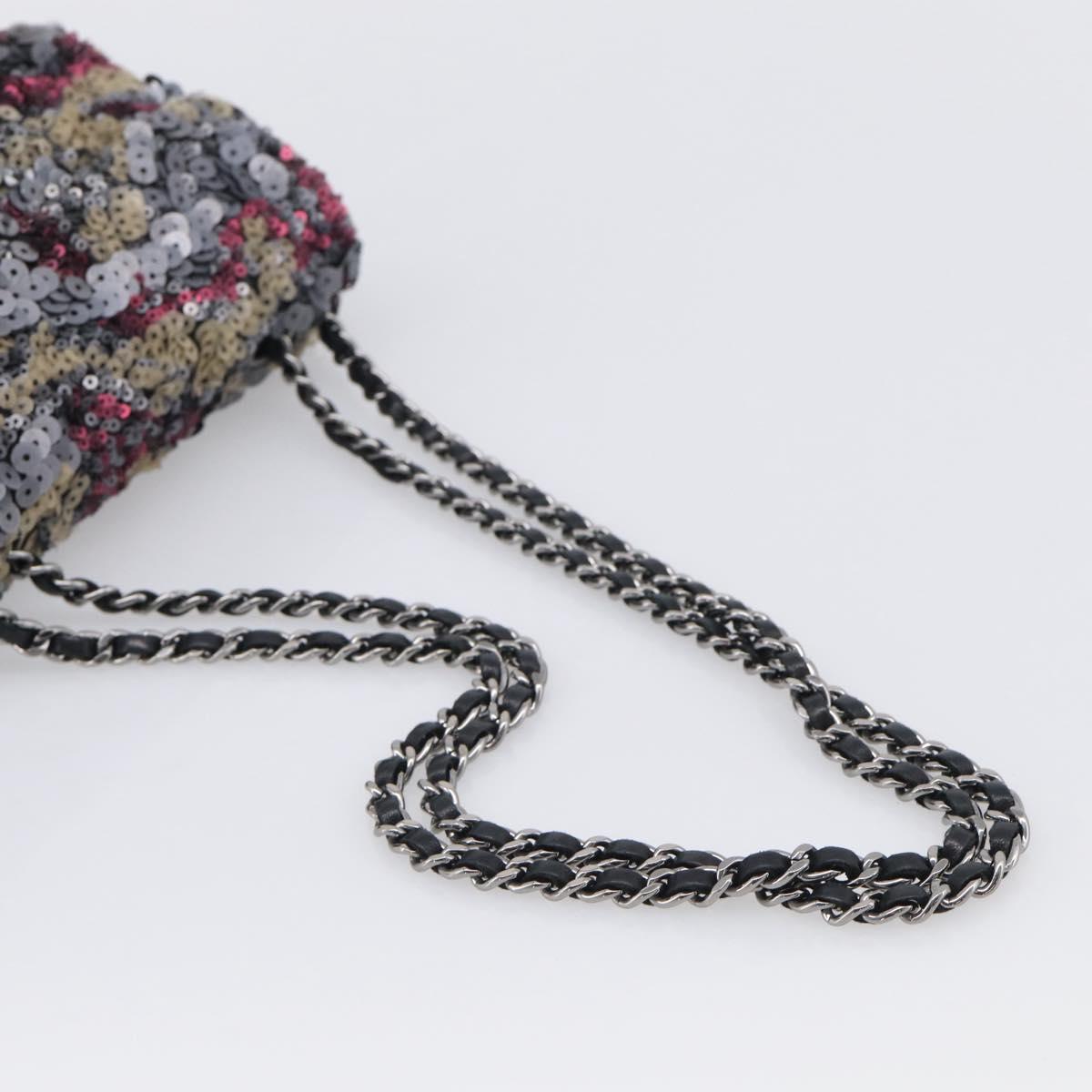 CHANEL Chain Shoulder Bag Leather Sequins Gray Silver CC Auth 210383SM