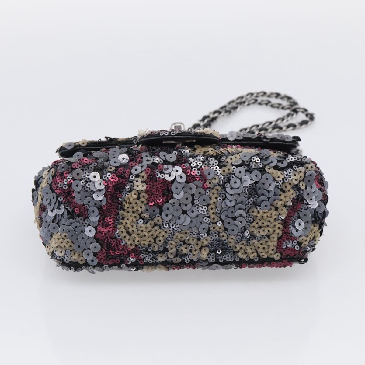 CHANEL Chain Shoulder Bag Leather Sequins Gray Silver CC Auth 210383SM