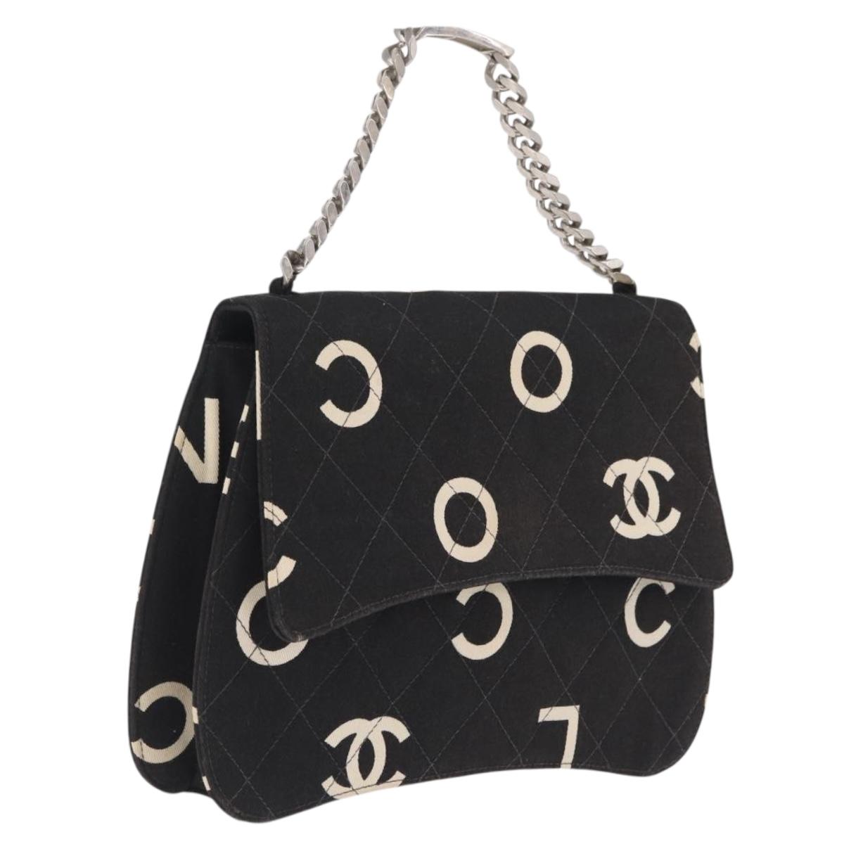 CHANEL Chain Hand Bag Canvas Black Silver CC Auth 210401A