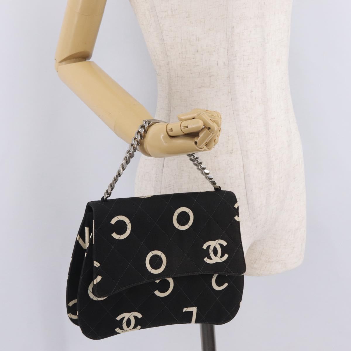 CHANEL Chain Hand Bag Canvas Black Silver CC Auth 210401A
