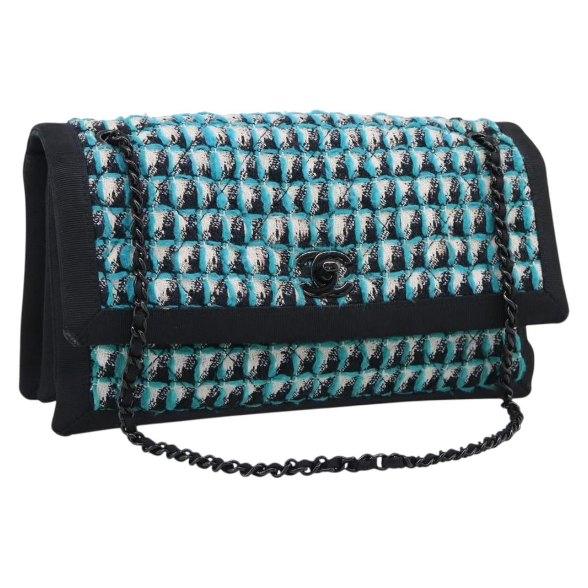 CHANEL Chain Shoulder Bag tweed Light Blue Silver CC Auth 210402SAV