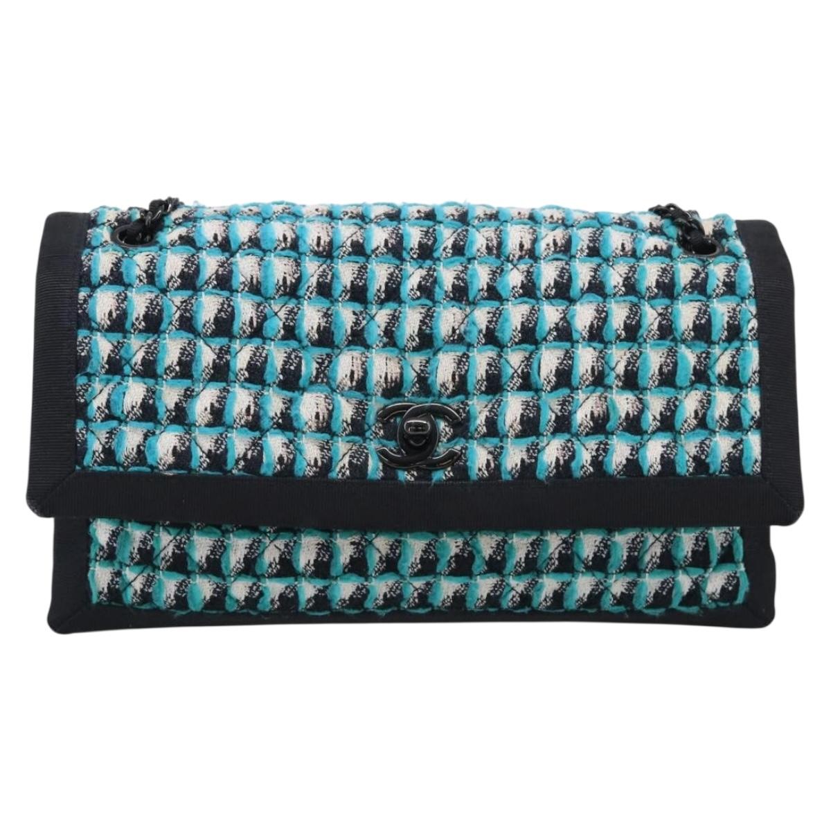 CHANEL Chain Shoulder Bag tweed Light Blue Silver CC Auth 210402SAV