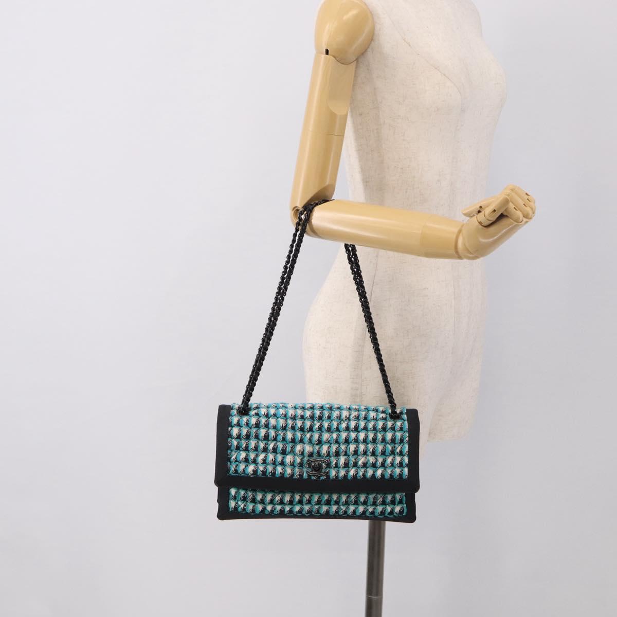 CHANEL Chain Shoulder Bag tweed Light Blue Silver CC Auth 210402SAV