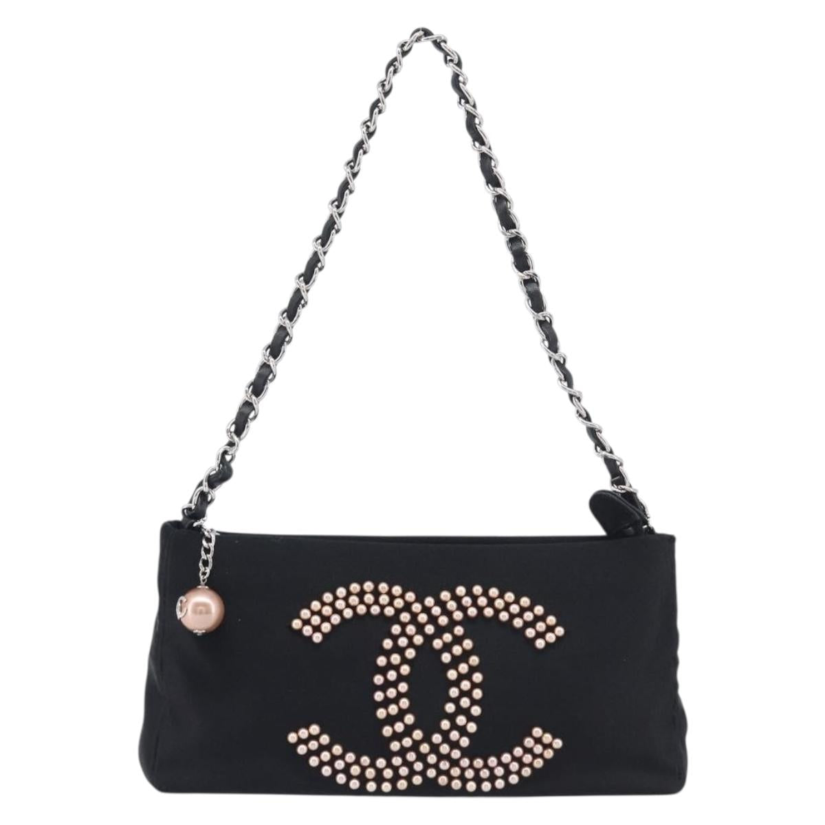 CHANEL COCO Mark Shoulder Bag Satin Black Silver CC Auth 210441V