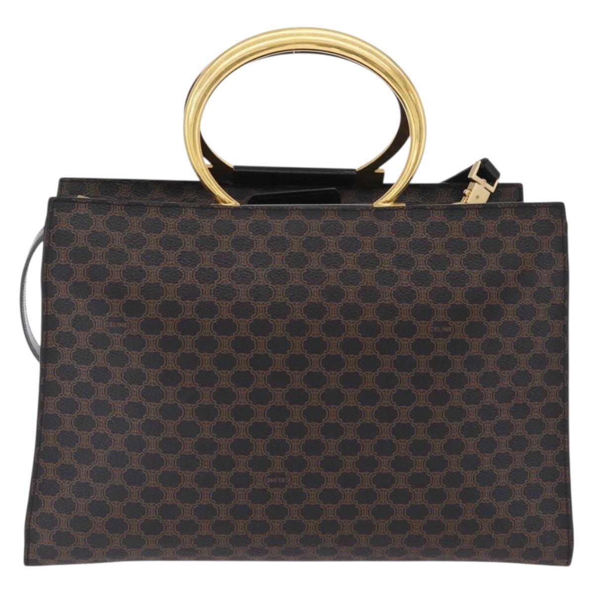 CELINE Macadam Canvas Hand Bag PVC Leather 2way Black Gold Auth 210448A