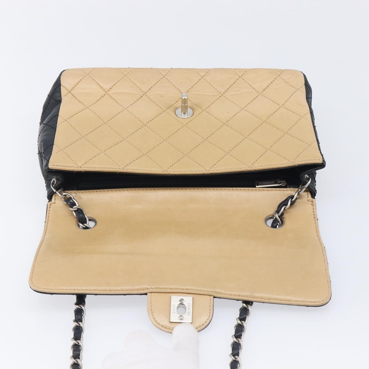 CHANEL Matelasse Chain Shoulder Bag Lamb Skin Black Beige CC Auth 210449V