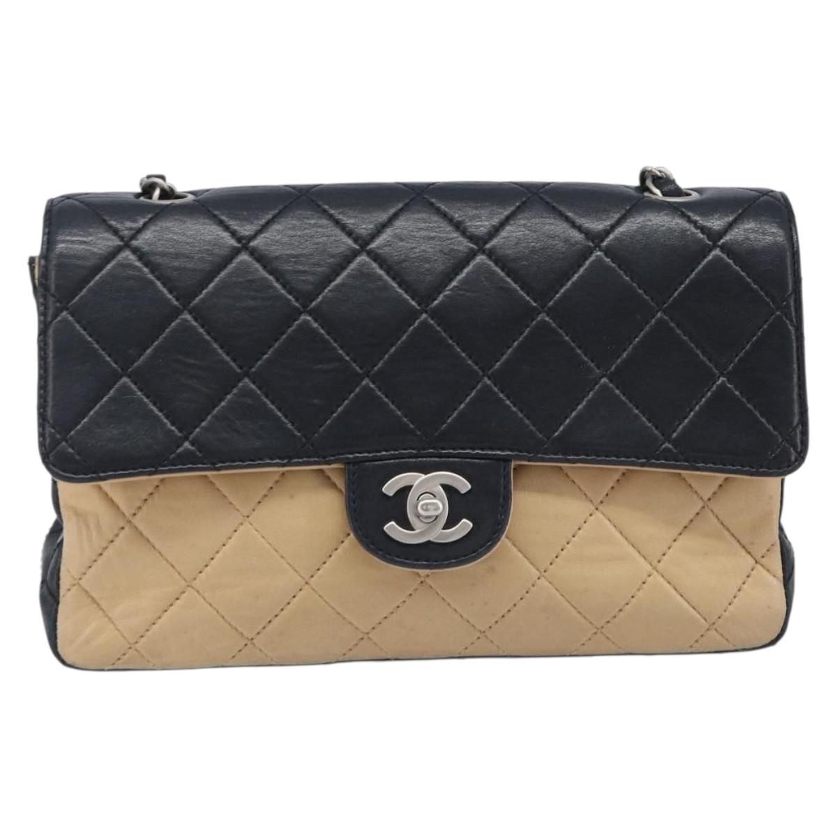 CHANEL Matelasse Chain Shoulder Bag Lamb Skin Black Beige CC Auth 210449V
