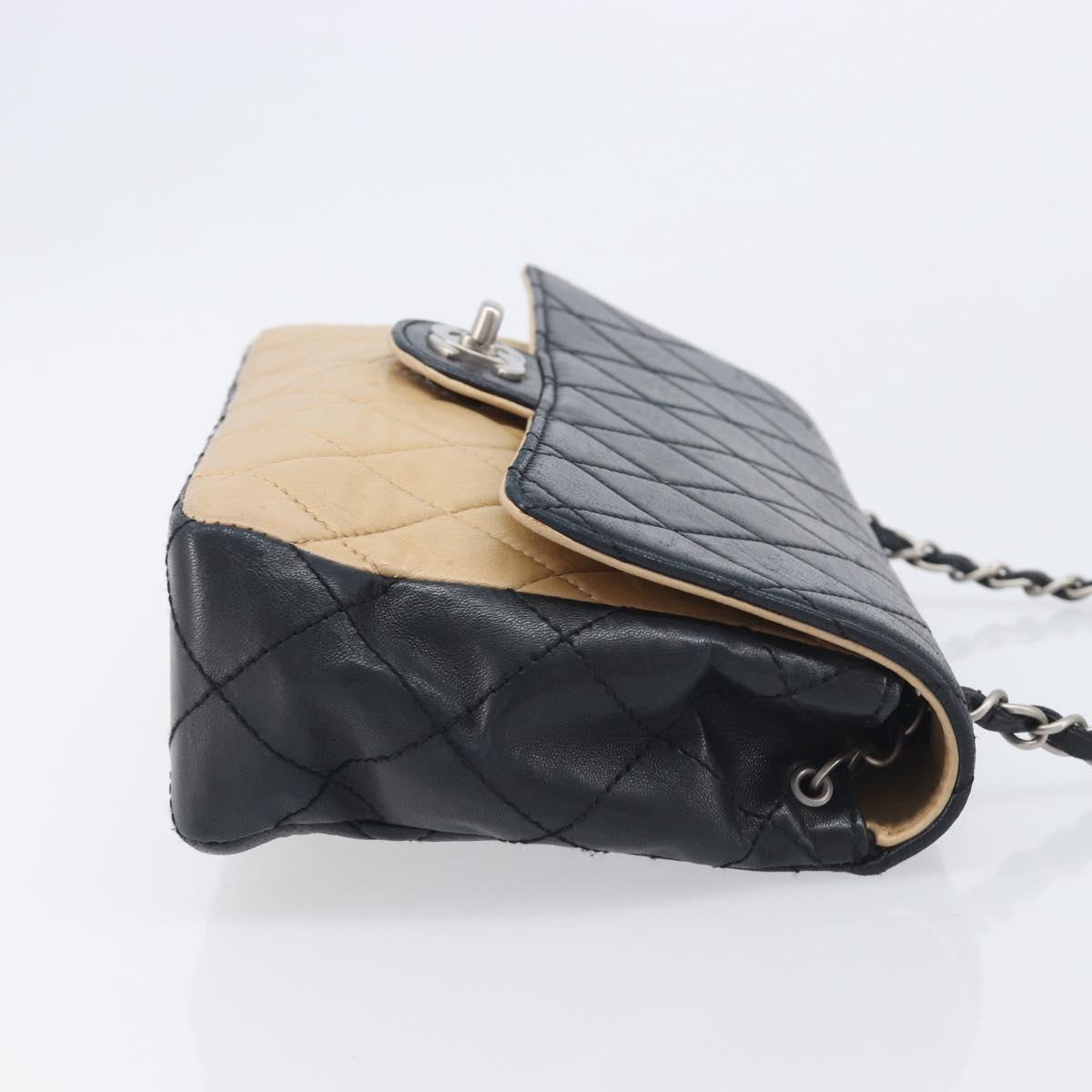 CHANEL Matelasse Chain Shoulder Bag Lamb Skin Black Beige CC Auth 210449V