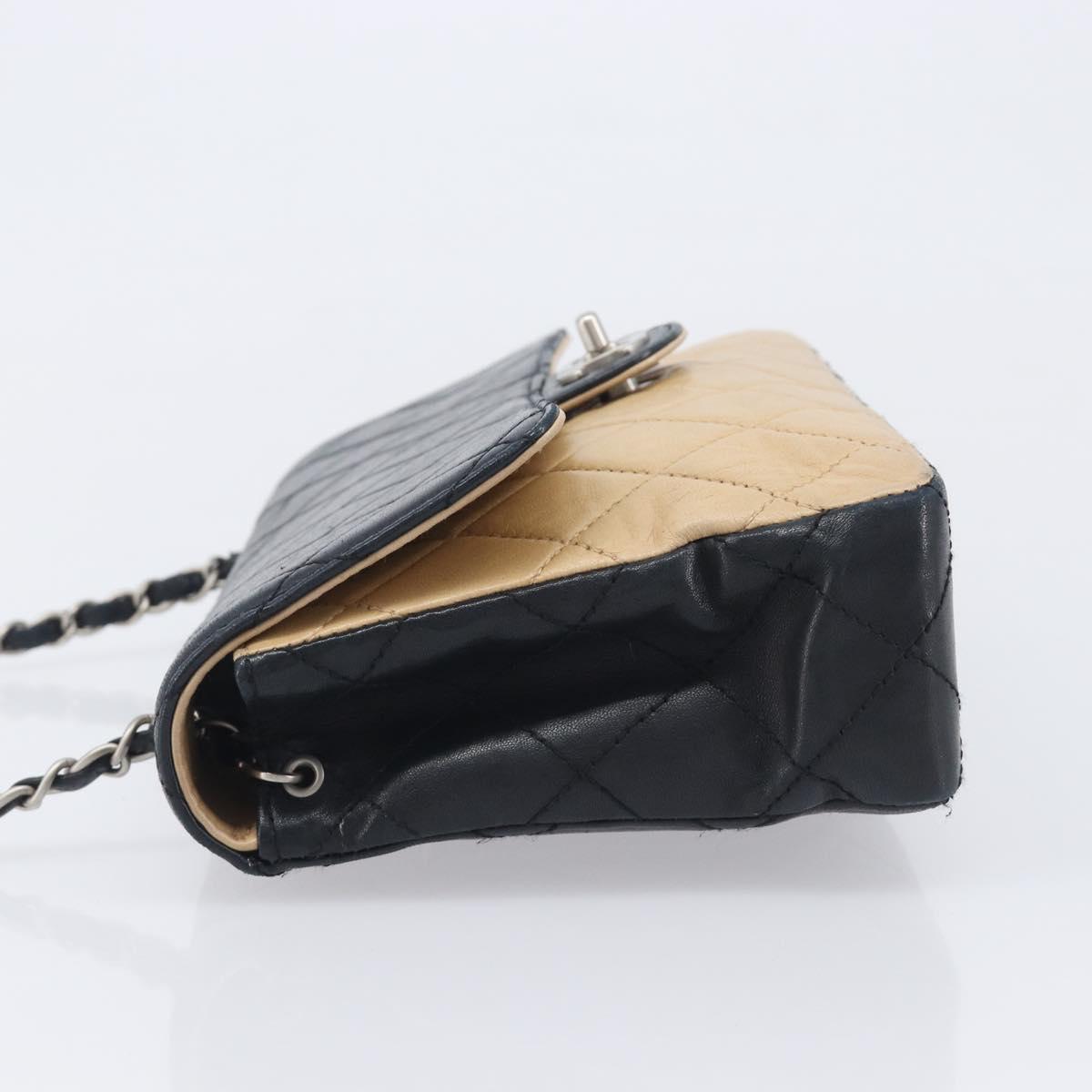 CHANEL Matelasse Chain Shoulder Bag Lamb Skin Black Beige CC Auth 210449V