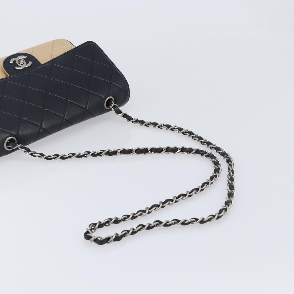 CHANEL Matelasse Chain Shoulder Bag Lamb Skin Black Beige CC Auth 210449V