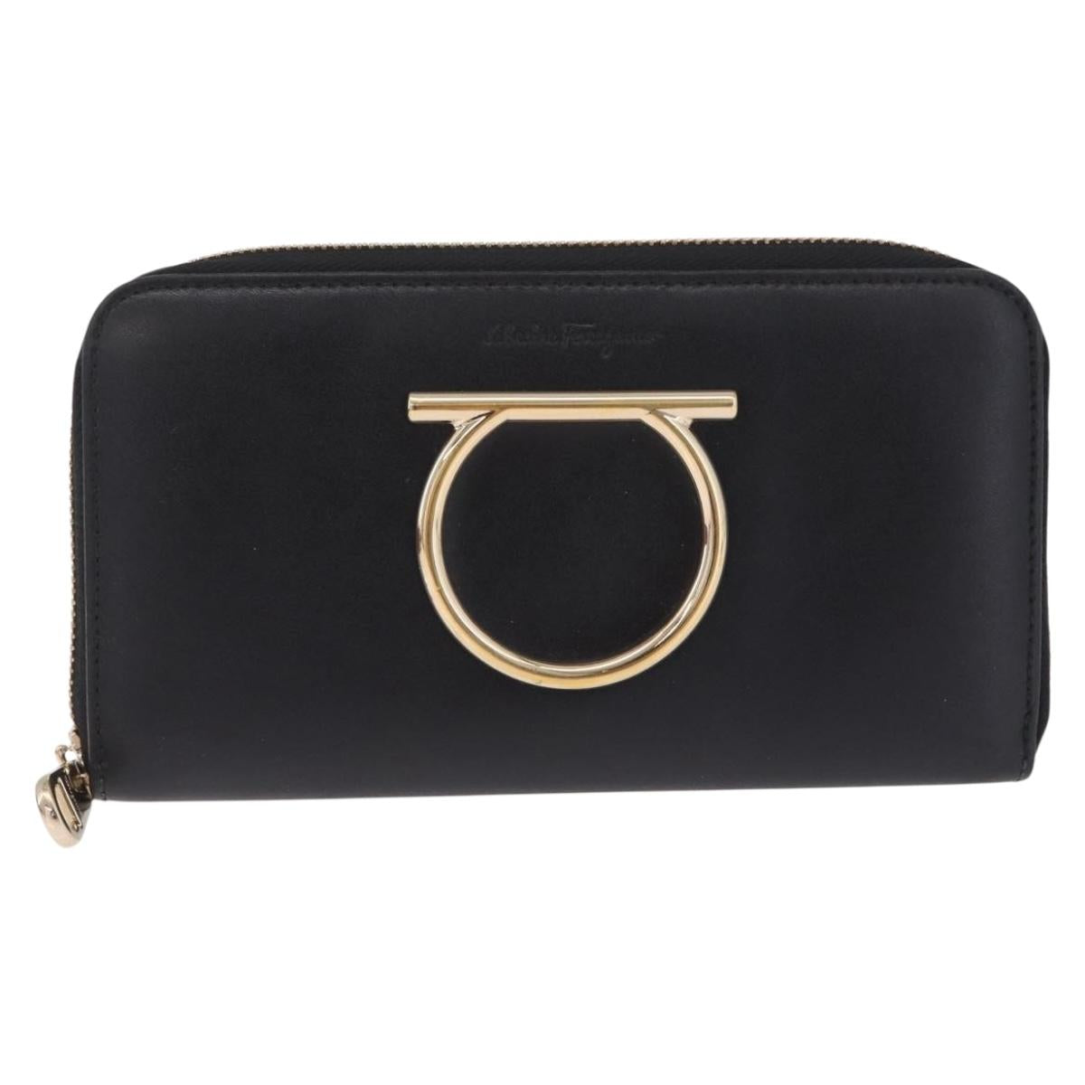 Salvatore Ferragamo Wallet Leather Black Gold Auth 210452M