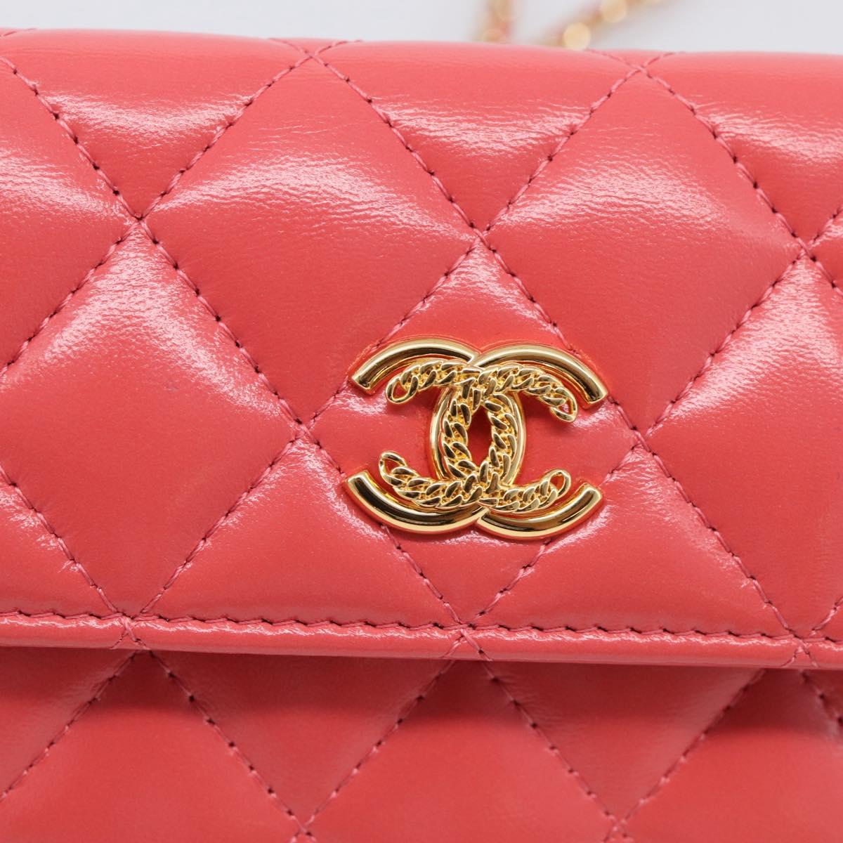 CHANEL Matelasse Chain Wallet Bag Lamb Skin Pink Gold CC Auth 210454SAM