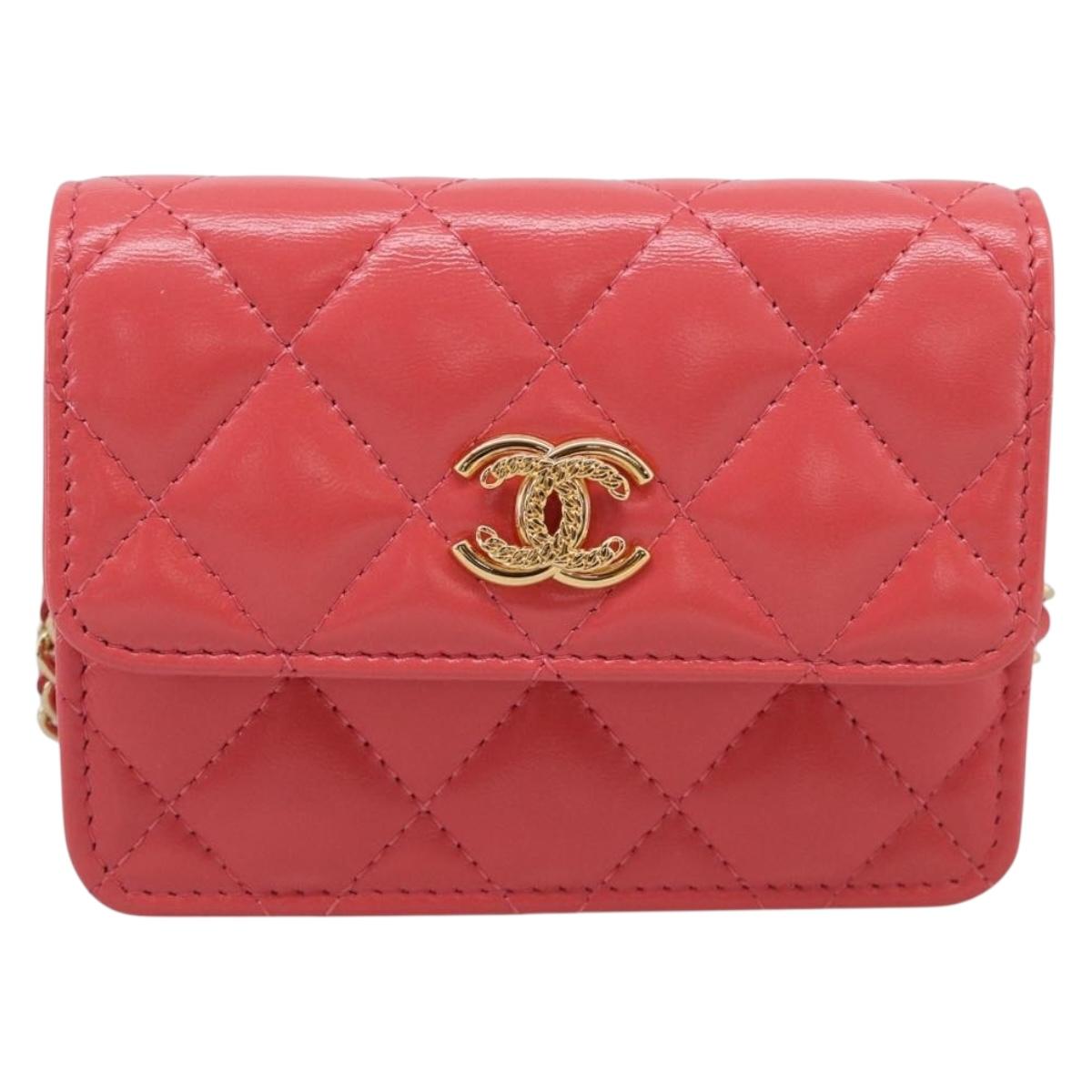 CHANEL Matelasse Chain Wallet Bag Lamb Skin Pink Gold CC Auth 210454SAM
