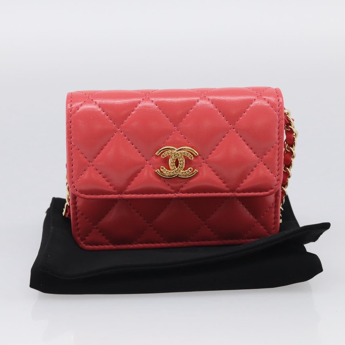 CHANEL Matelasse Chain Wallet Bag Lamb Skin Pink Gold CC Auth 210454SAM