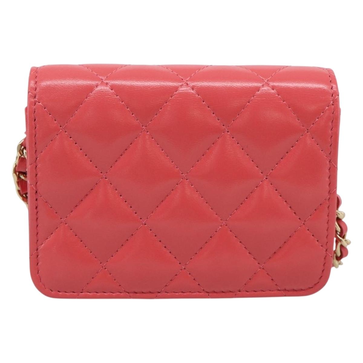 CHANEL Matelasse Chain Wallet Bag Lamb Skin Pink Gold CC Auth 210454SAM