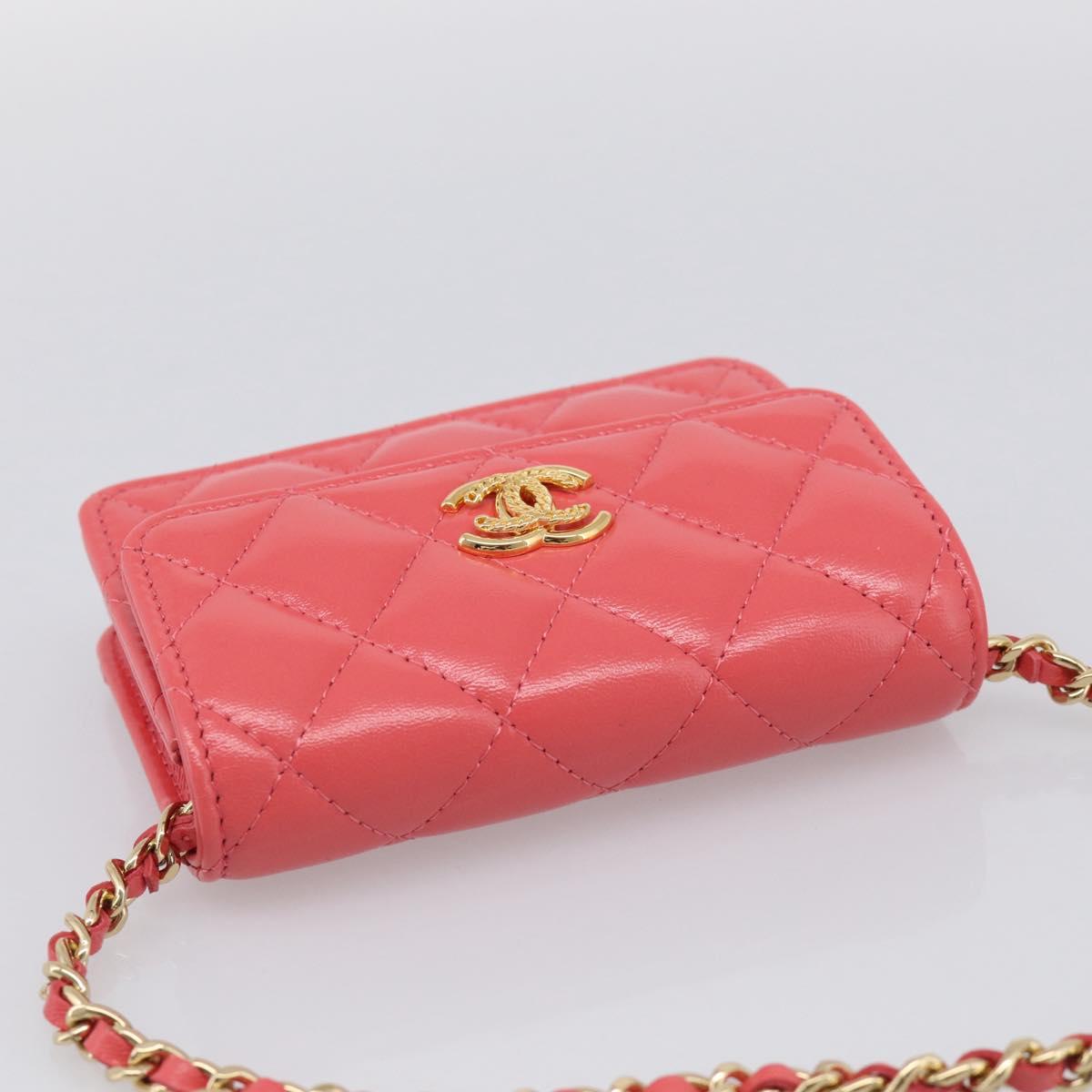 CHANEL Matelasse Chain Wallet Bag Lamb Skin Pink Gold CC Auth 210454SAM