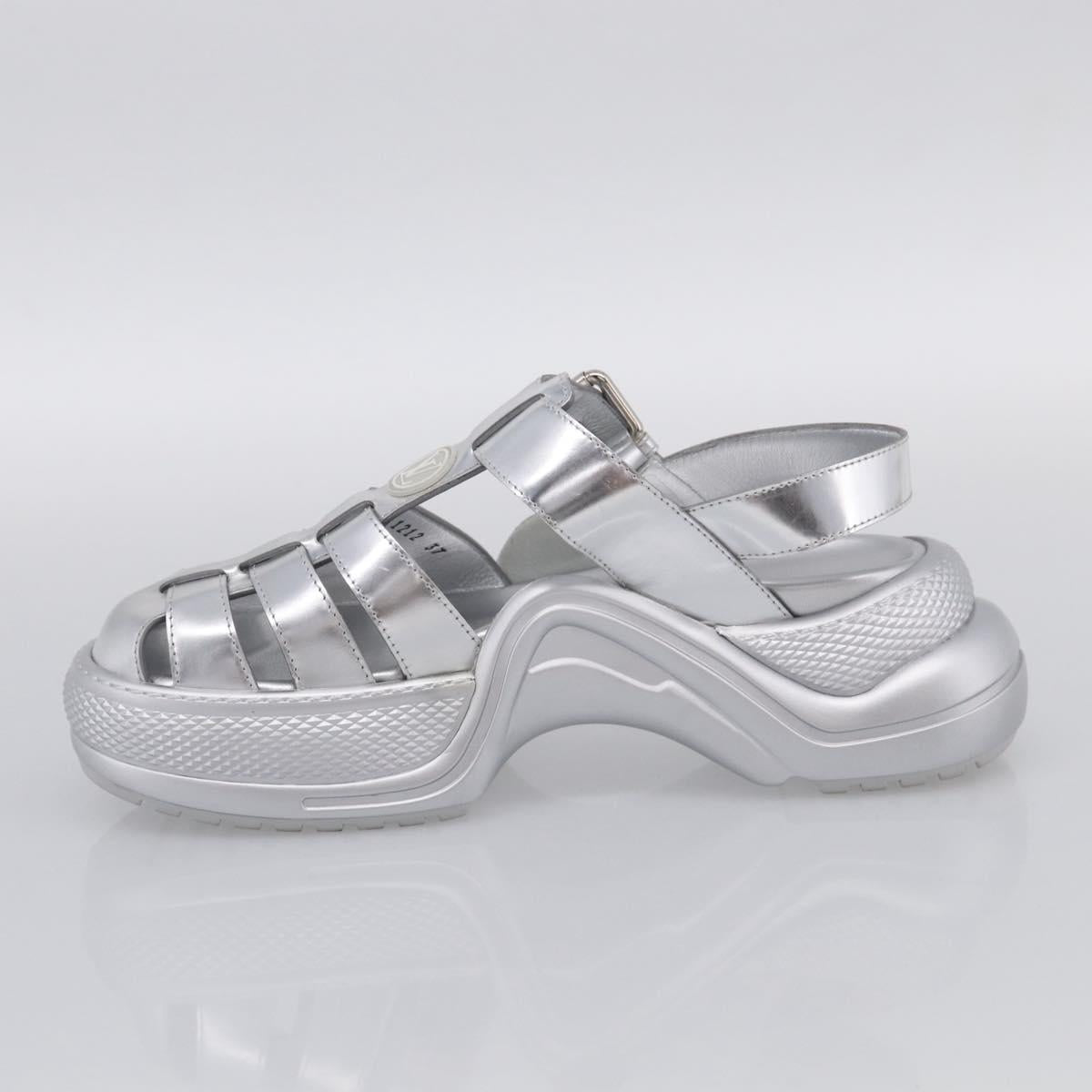 LOUIS VUITTON Sandals Leather 37 Silver LV Auth 210460M