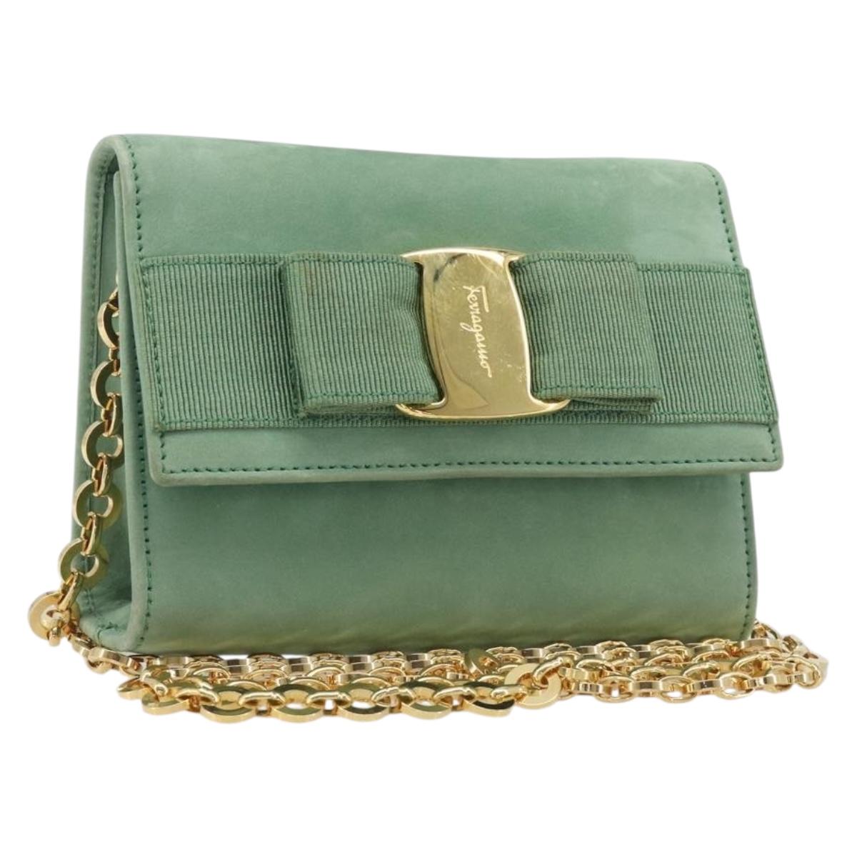 Salvatore Ferragamo Chain Shoulder Bag Suede Green Gold Auth 210472A