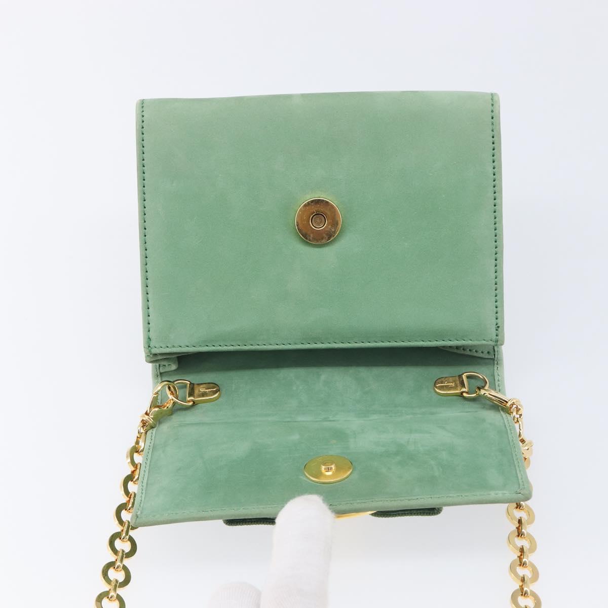 Salvatore Ferragamo Chain Shoulder Bag Suede Green Gold Auth 210472A