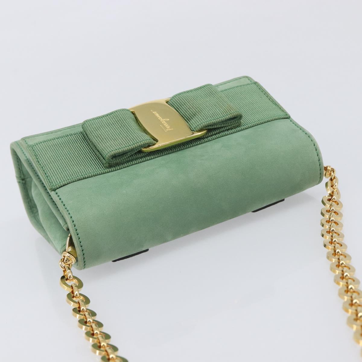 Salvatore Ferragamo Chain Shoulder Bag Suede Green Gold Auth 210472A