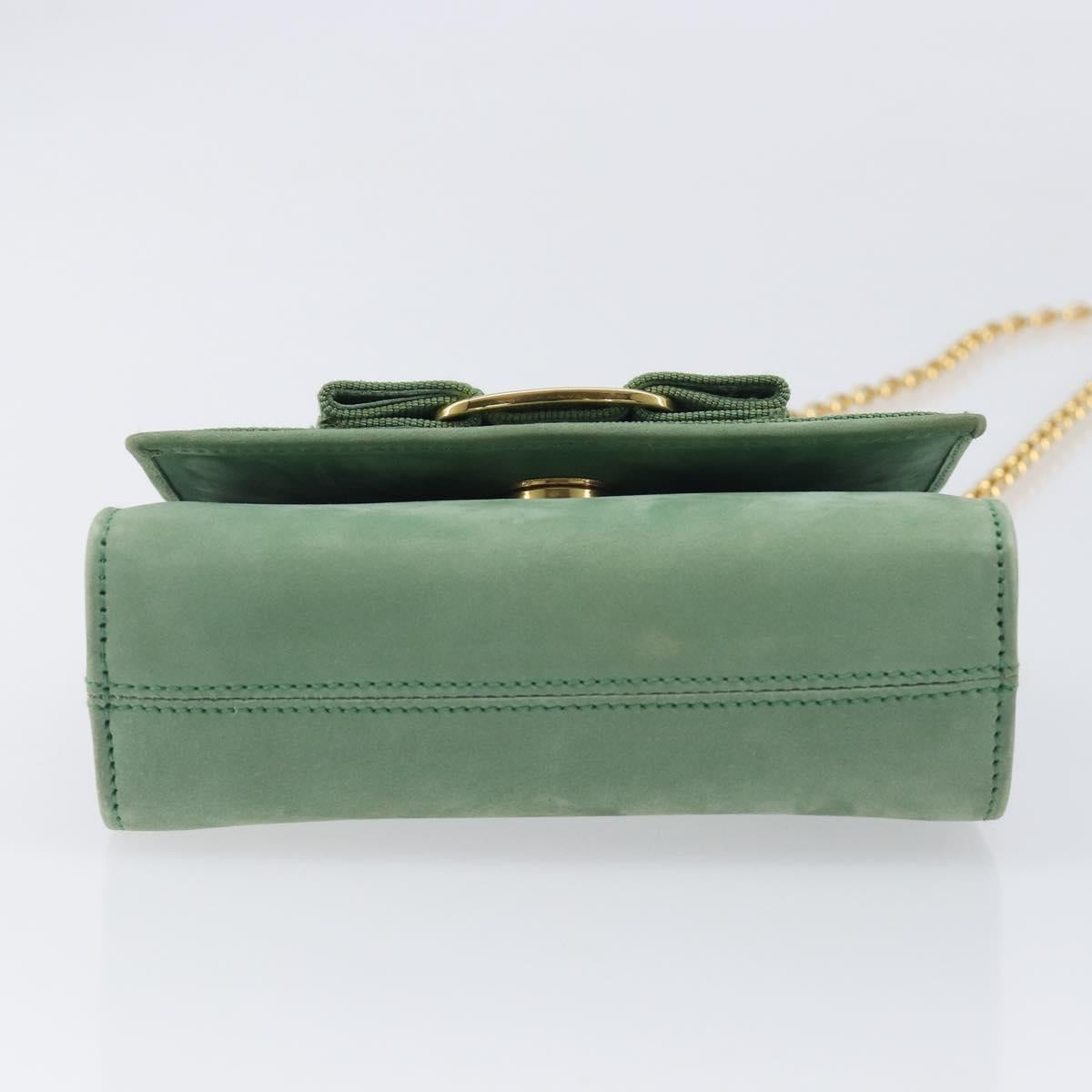 Salvatore Ferragamo Chain Shoulder Bag Suede Green Gold Auth 210472A