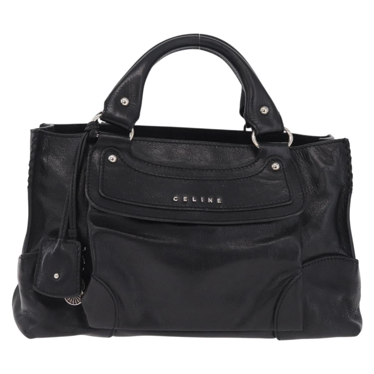 CELINE Hand Bag Leather Black Silver Auth 210485V
