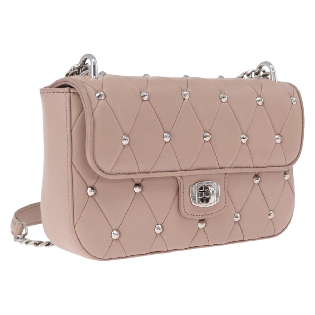Miu Miu Studs Chain Shoulder Bag Leather Pink Silver Auth 210487V