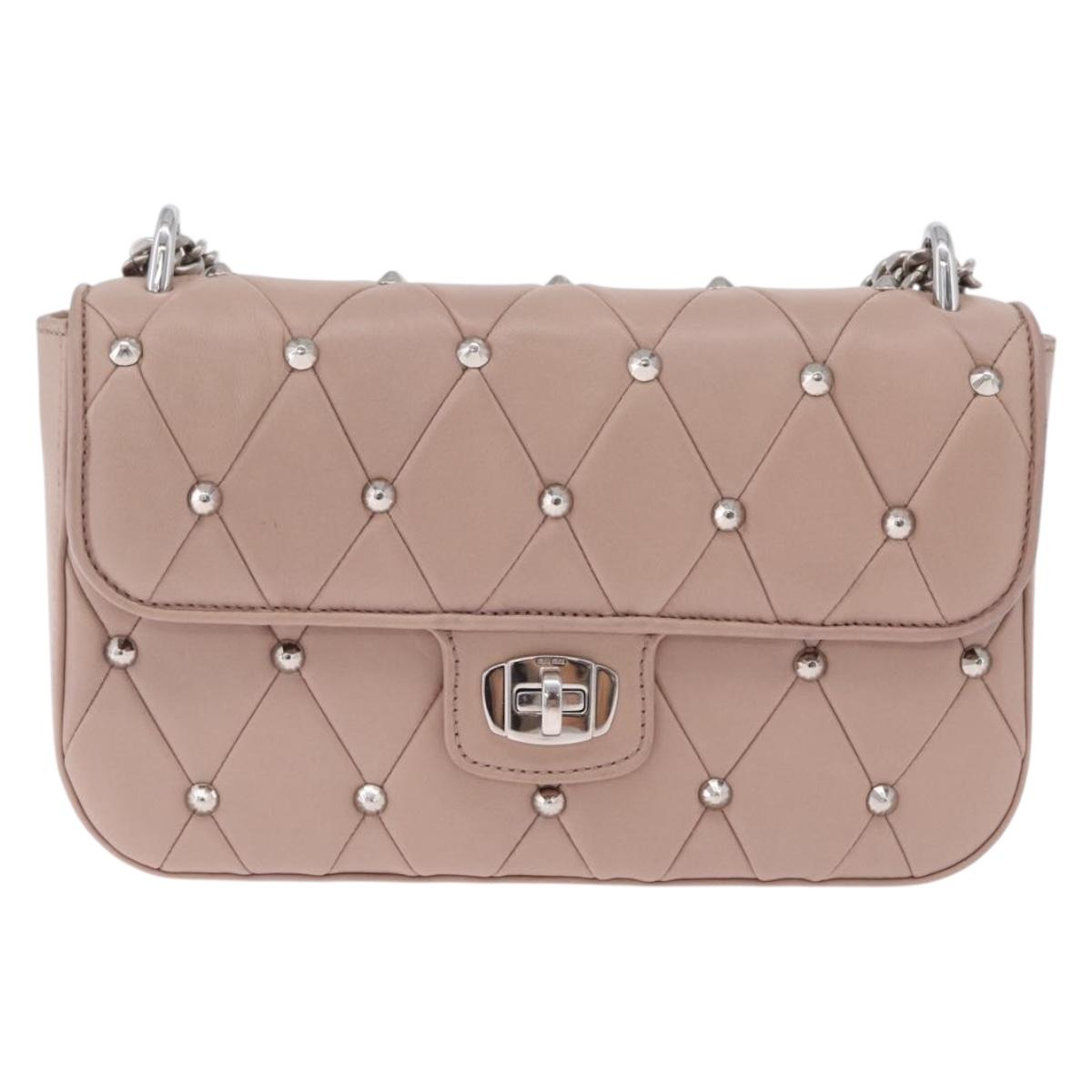 Miu Miu Studs Chain Shoulder Bag Leather Pink Silver Auth 210487V