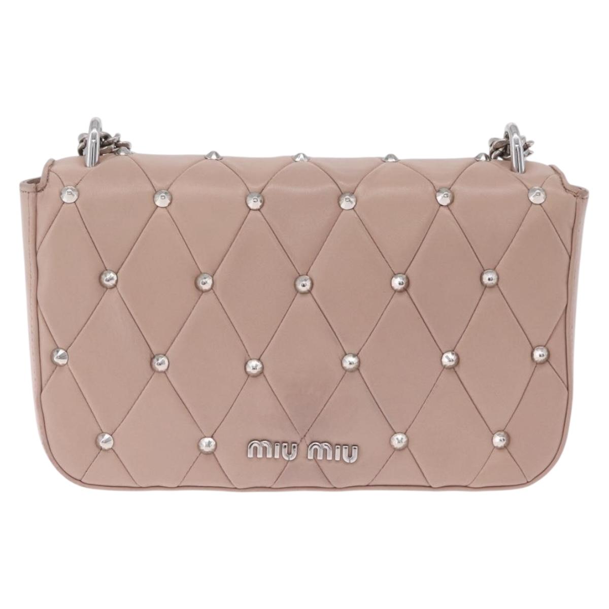Miu Miu Studs Chain Shoulder Bag Leather Pink Silver Auth 210487V
