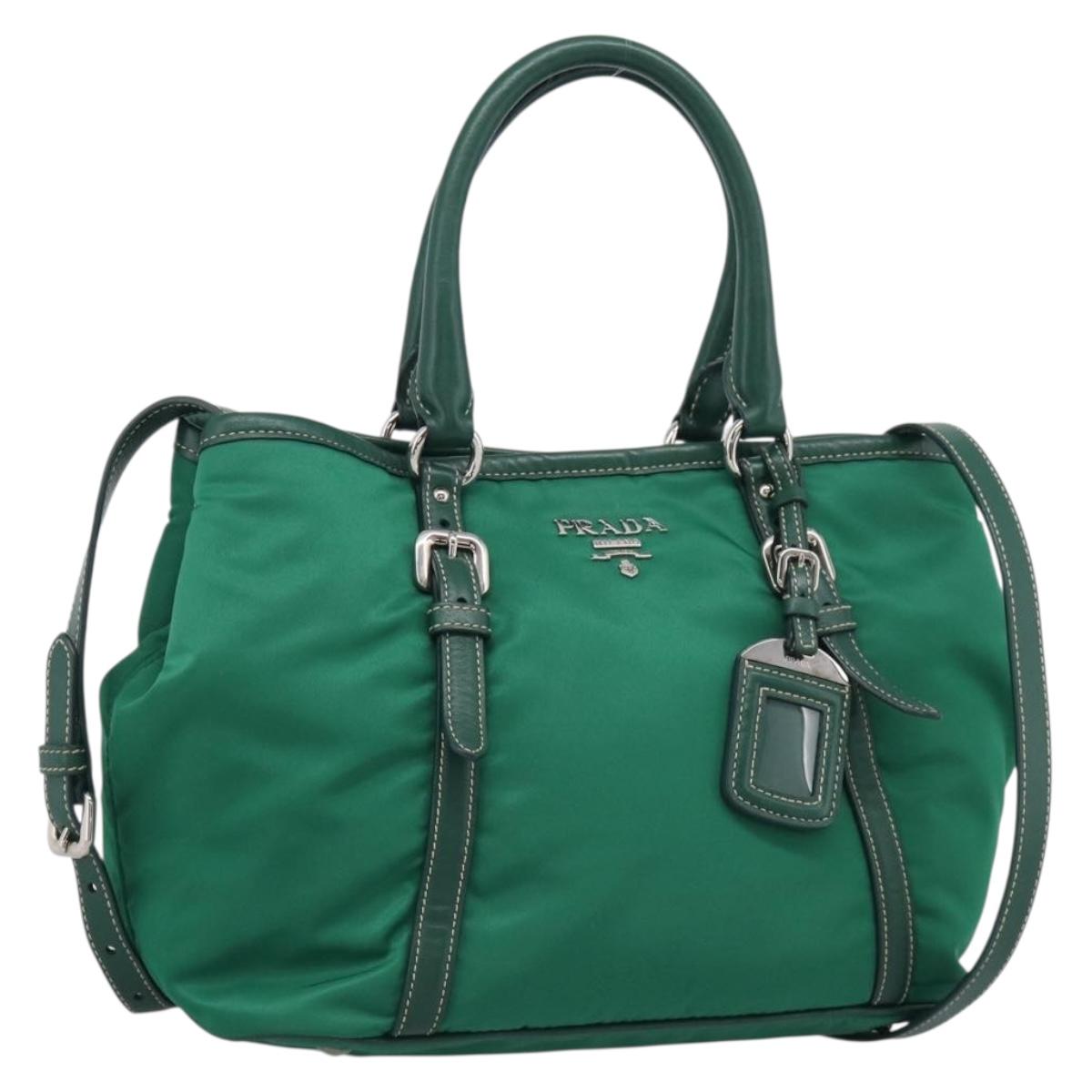 PRADA Hand Bag Nylon 2way Green Silver Auth 210496M