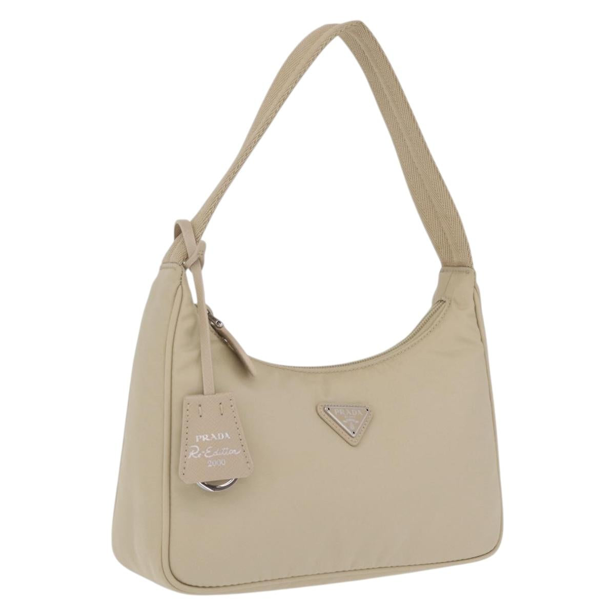 PRADA Hand Bag Nylon Beige Silver Auth 210498V