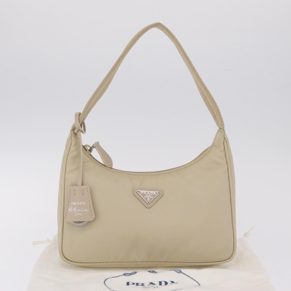 PRADA Hand Bag Nylon Beige Silver Auth 210498V