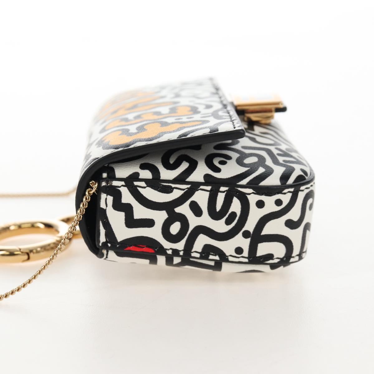 FENDI Mr.Doodle Nano Bucket Pouch Leather White Gold Tone 7AR844 Auth 210507M