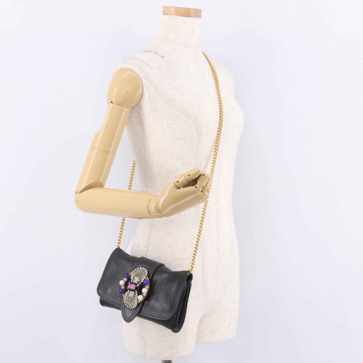 Miu Miu Chain Bijoux Shoulder Bag Leather Black Gold Auth 210510V