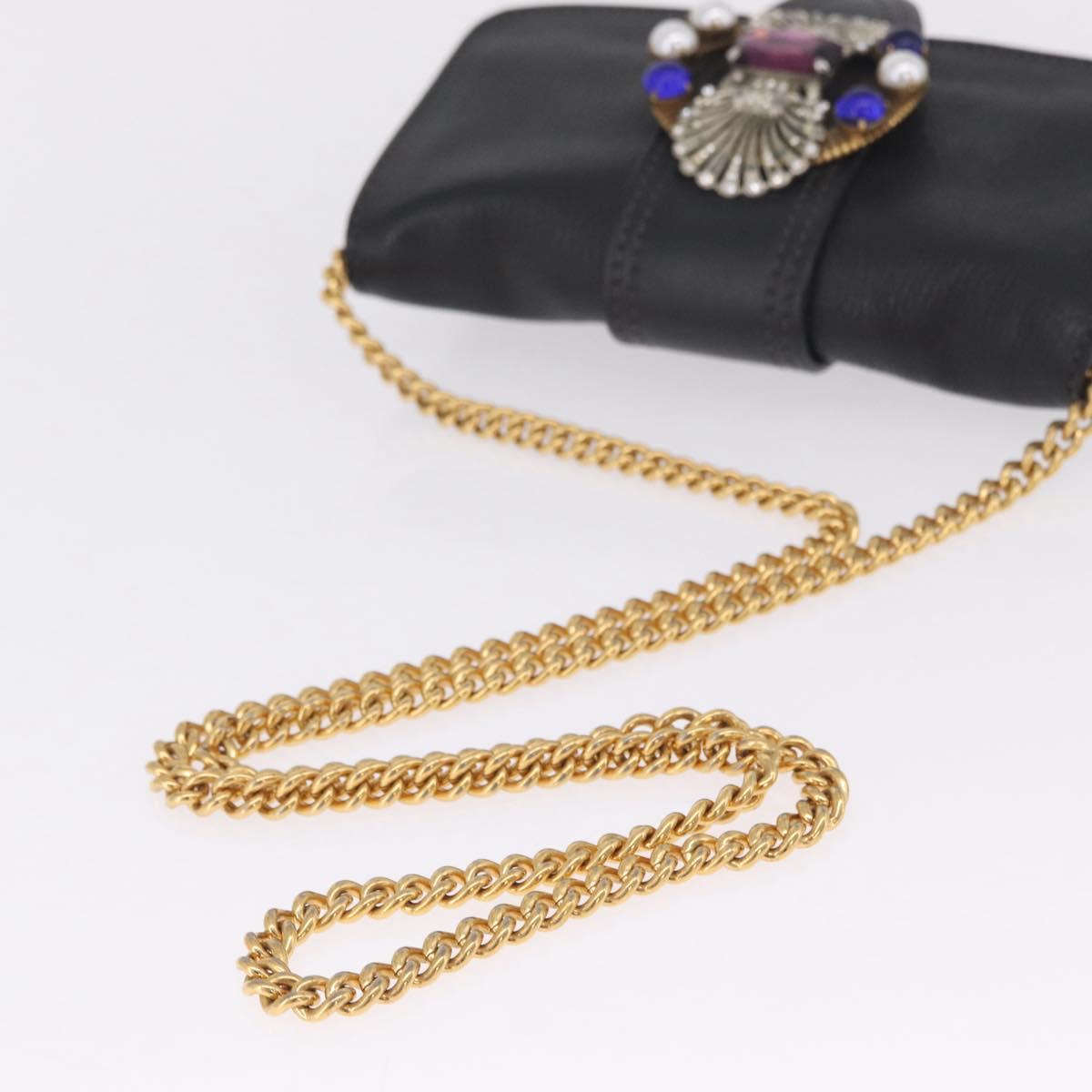 Miu Miu Chain Bijoux Shoulder Bag Leather Black Gold Auth 210510V