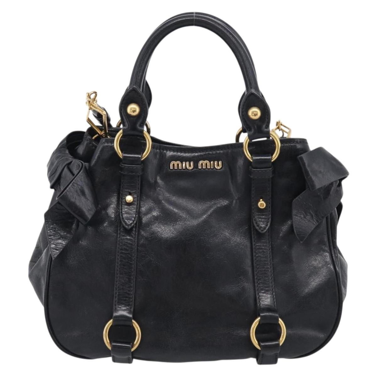 Miu Miu Ribbon Hand Bag Vitello Lux Leather 2way Black Gold Auth 210521V
