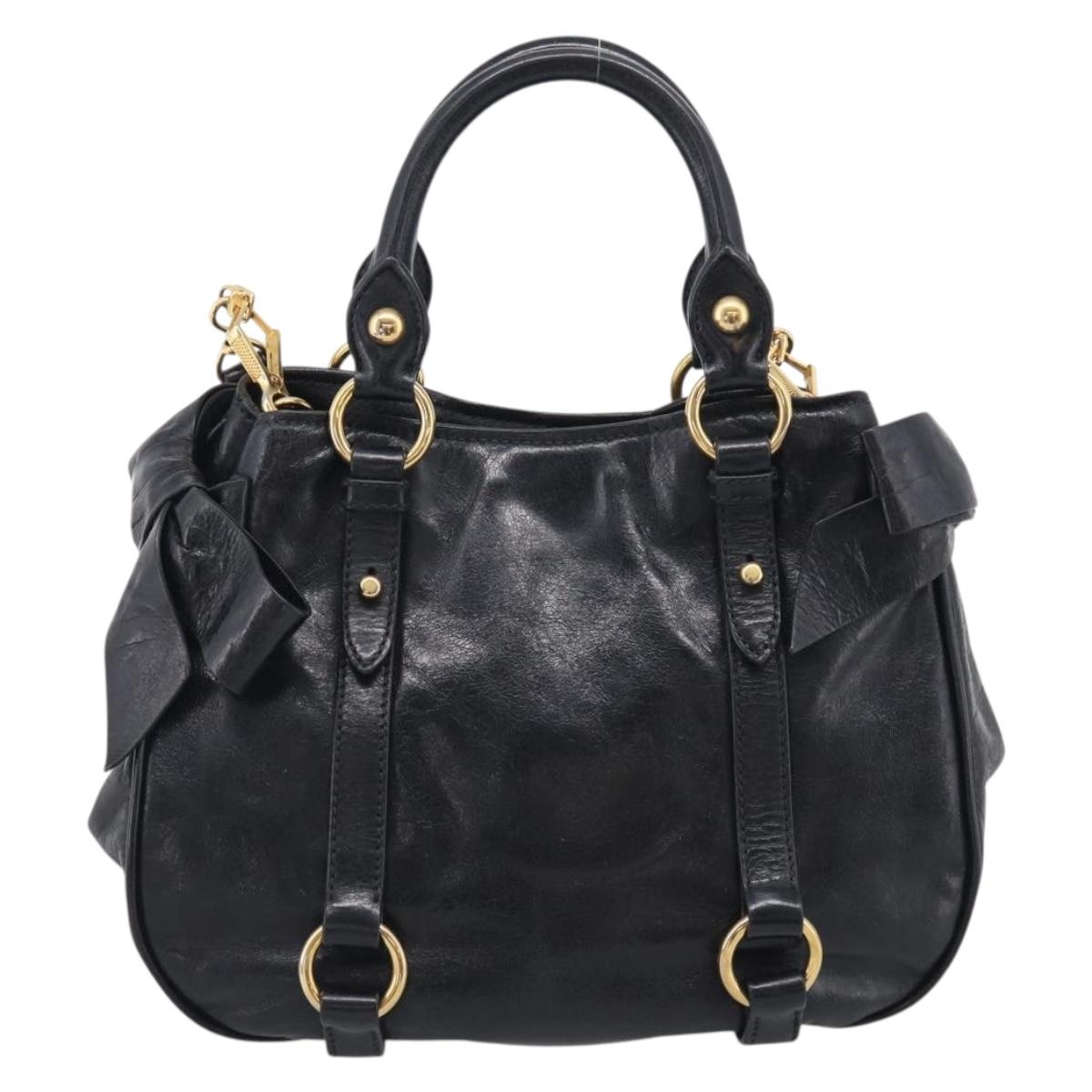 Miu Miu Ribbon Hand Bag Vitello Lux Leather 2way Black Gold Auth 210521V