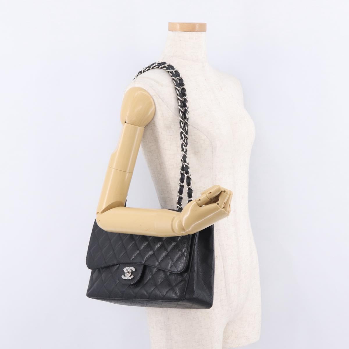CHANEL Chain Matelasse 30 Bag Caviar Skin Black Silver CC Auth 210527SAV