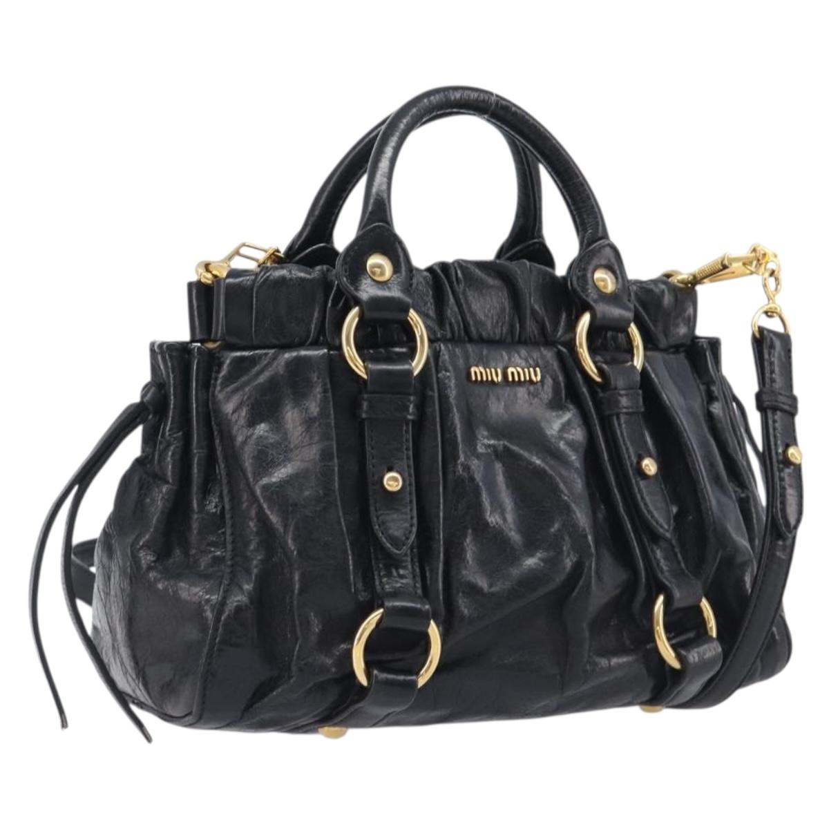 Miu Miu Hand Bag Vittero Dino Leather 2way Black Gold Auth 210529V