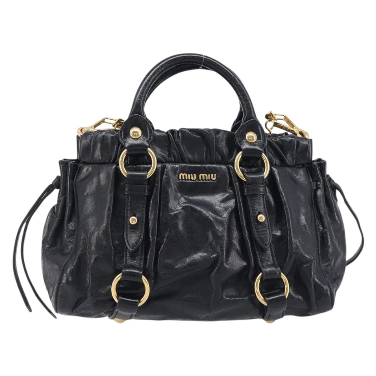 Miu Miu Hand Bag Vittero Dino Leather 2way Black Gold Auth 210529V