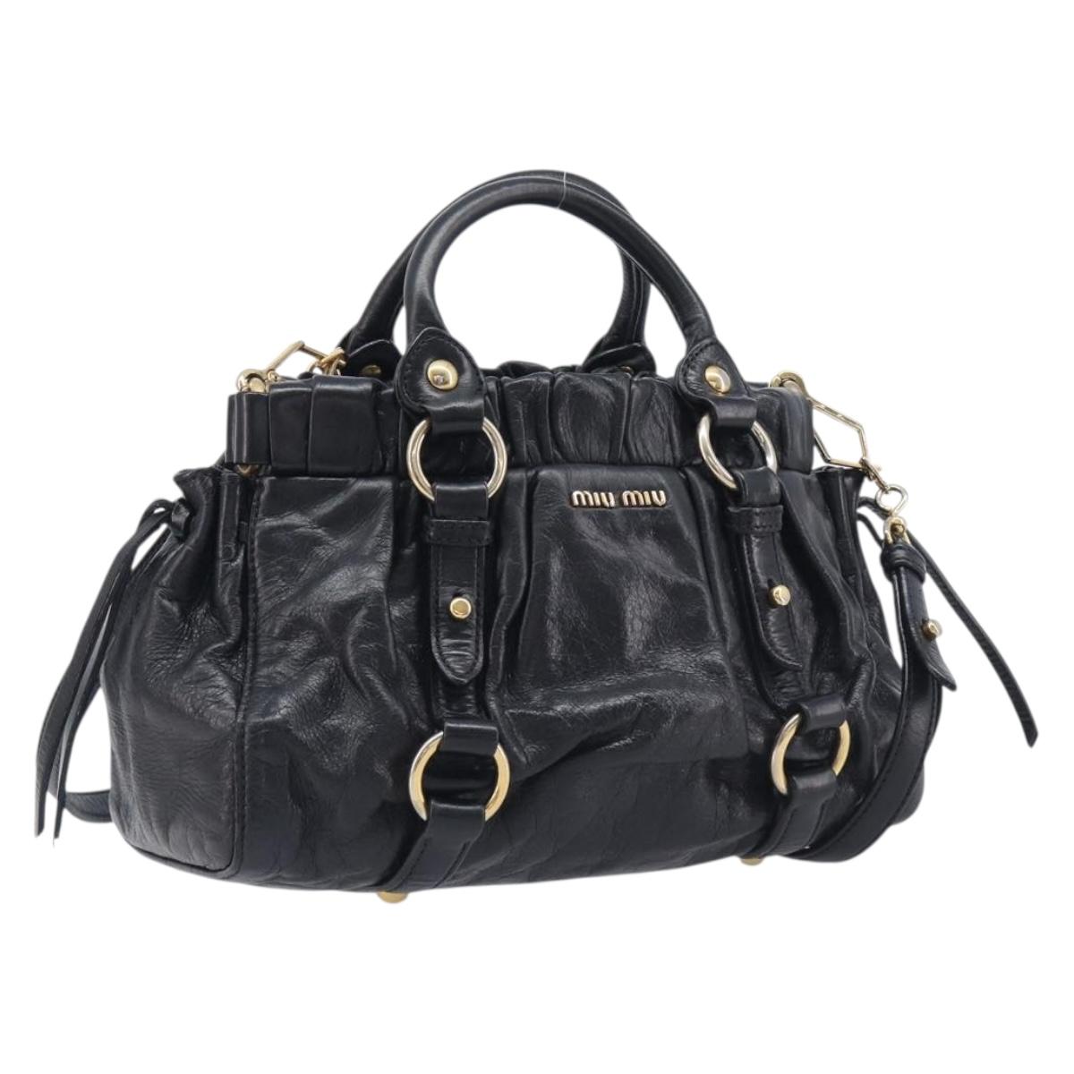 Miu Miu Hand Bag Vittero Dino Leather 2way Black Gold Auth 210530V