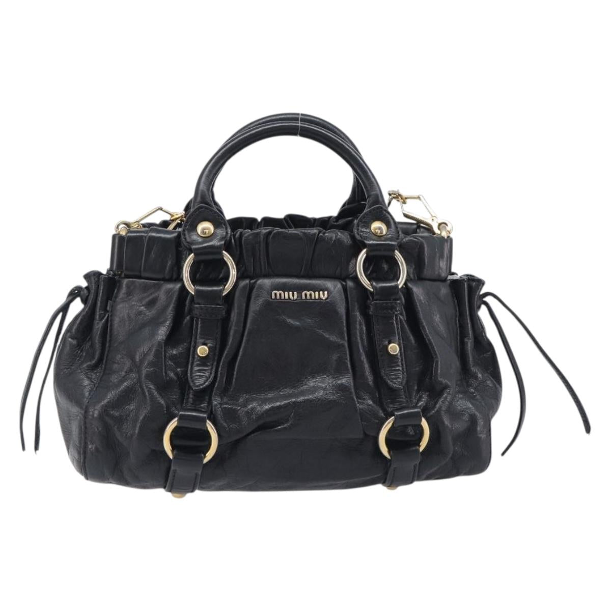 Miu Miu Hand Bag Vittero Dino Leather 2way Black Gold Auth 210530V