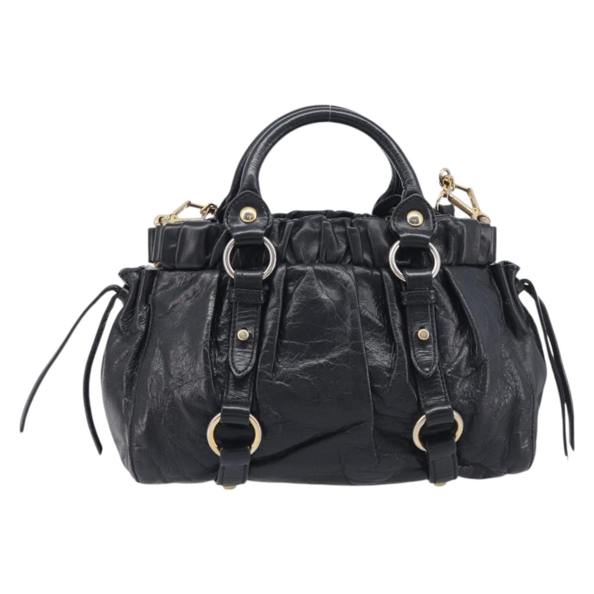Miu Miu Hand Bag Vittero Dino Leather 2way Black Gold Auth 210530V