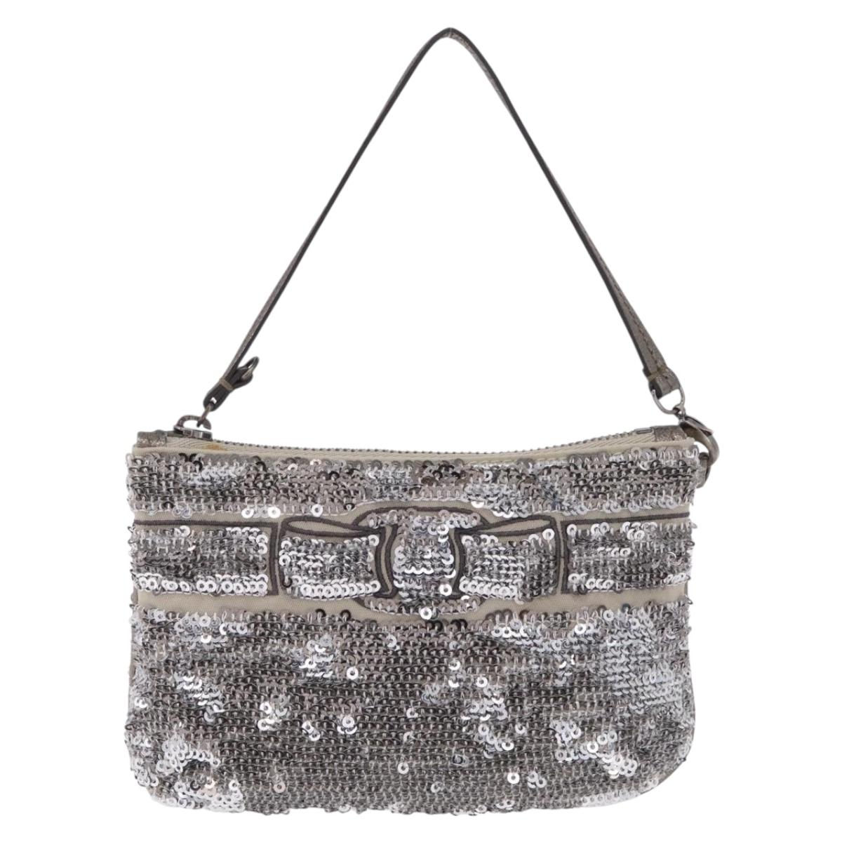 Salvatore Ferragamo Mini Pouch Sequin Silver Auth 210533A