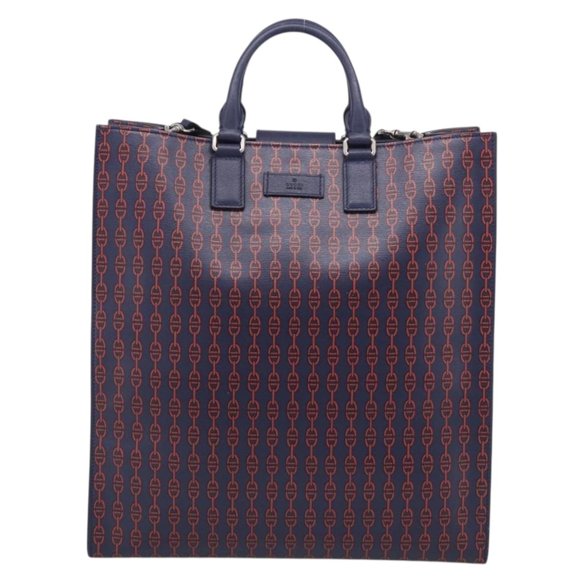 GUCCI Hand Bag Leather 2way Navy Silver Auth 210600M