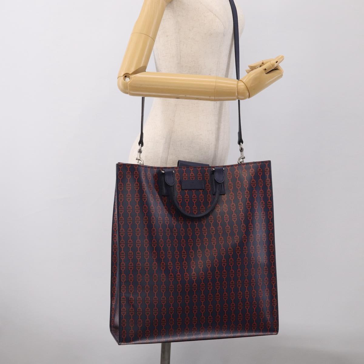 GUCCI Hand Bag Leather 2way Navy Silver Auth 210600M